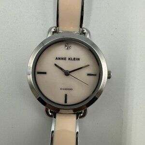 3/$30 Anne Klein Watch Women Silver Tone Beige Band Diamond Accent 6.75"